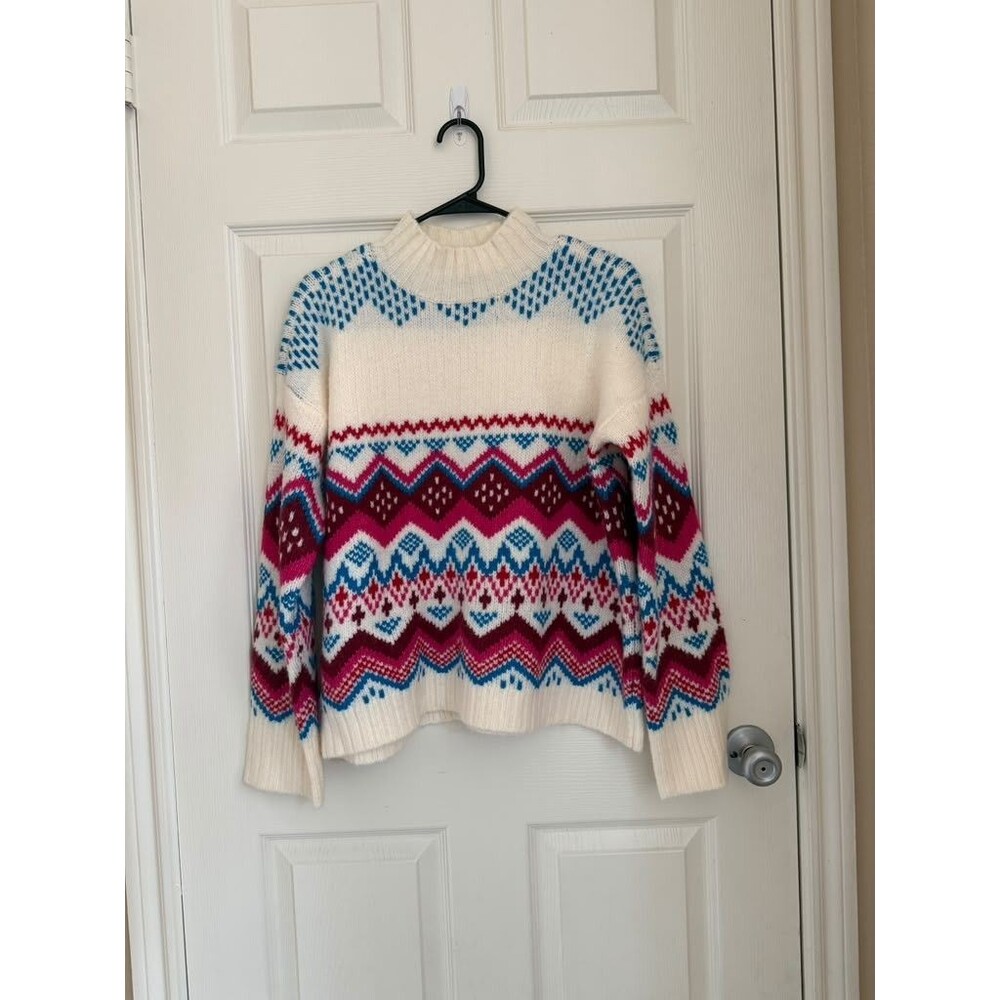 LOFT Fair Isle Sweater Women's Size M White Pink Blue Red Knit Pullover